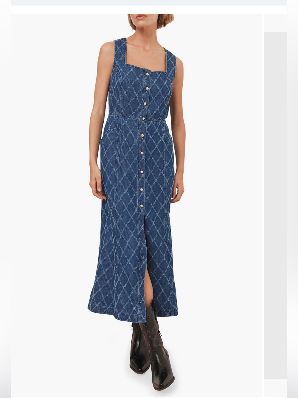 Mint Velvet Blue Diamond-Stitch Button-Front Maxi Skirt